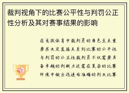 裁判视角下的比赛公平性与判罚公正性分析及其对赛事结果的影响